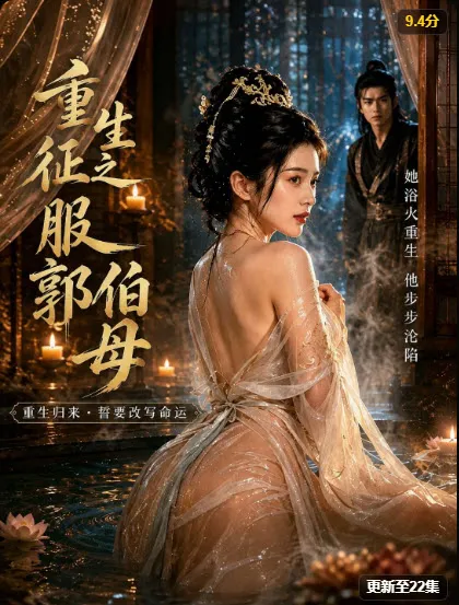 古装剧海报：女子身处水汽弥漫的浴池边，身后立着一位男子